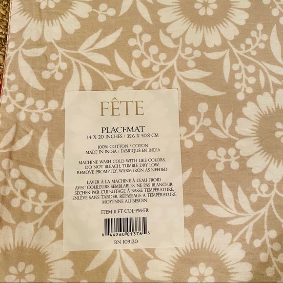 NWT 4 Fête Placemats 100% Cotton Tan, Red & White 14” x 20” - Picture 4 of 4